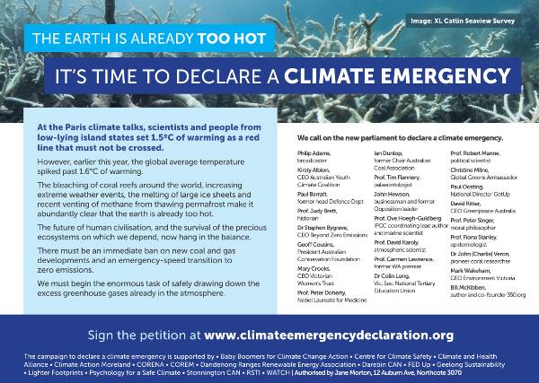 21 prominent Australians signed this ad in June 2016 calling for a climate emergency declaration 
