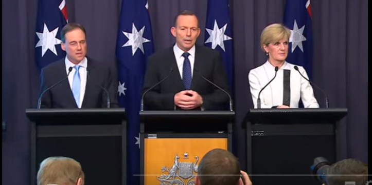 20150811-Tony-abbott-Julie-bishop-Greg-Hunt-on-emissions-target-feature