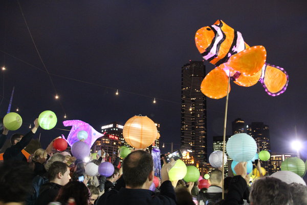 Nemo floating above a sea of coloured lanterns