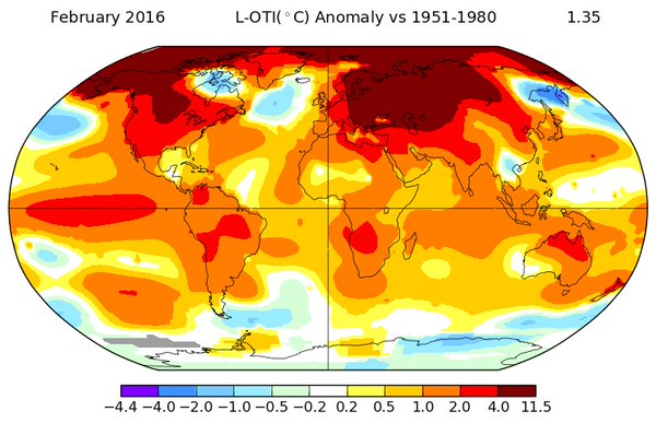 NASA Map of February 2016 temperature anomaly